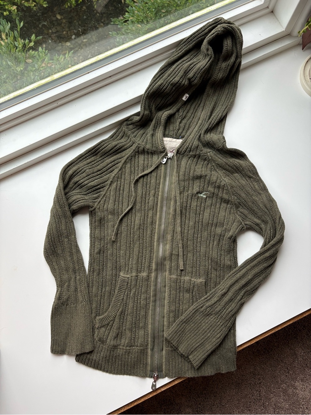 Vintage Rare Y2K Hollister Ribbed Zipper Hoodie Sweater Olive Green Size Medium